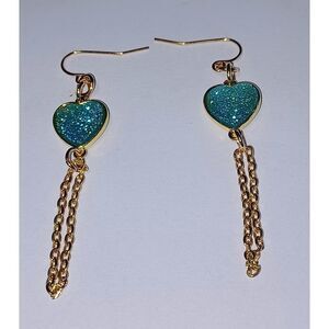 New Handmade Blue Druzy & Gold tone filigree hearts with chain dangle earrings